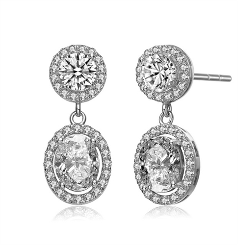 Prong Set Designer Earrings with Synthetic Round & Oval Stones surrounded by Melee Diamond by Diamond Essence set in Sterling Silver