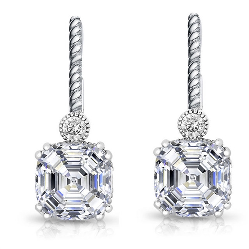 Diamond Essence Drop Earrings With Asscher Cut Stone,7 Cts.T.W. in Platinum Plated Sterling Silver.