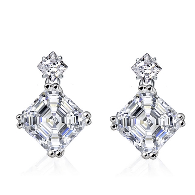 Diamond Essence Drop Earrings With Asscher Stone And Princess Stone in Platinum Plated Sterling Silver.