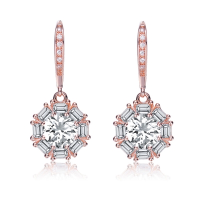 Beautiful leverback earrings with 1.0 ct. Round Diamond Essence in the center and surrounded by baguettes in delicate prong settings. 4.25 cts.t.w. in Rose Plated Sterling Silver.