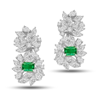 Designer earrings, just perfect for special occasions. Diamond Essence Emerald cut Emerald Essence, 1 ct. stone set in four prongs and surrounded by Marquise, Pear and Round Brilliant Essence stones in artistic floral design.