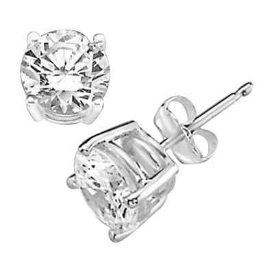 Diamond Essence ear studs, 2.5 carats each, set in Platinum Plated Sterling Silver-four prongs settings. 5.0 cts.t.w.