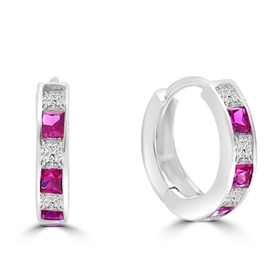 Platinum Plated Sterling Silver hoop earring with ruby diamond.