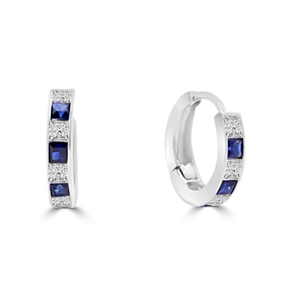 Platinum Plated Sterling Silver hoop Earring with alternate Diamond Essence and Sapphire Essence princess cut stones. 2.0 cts.t.w.