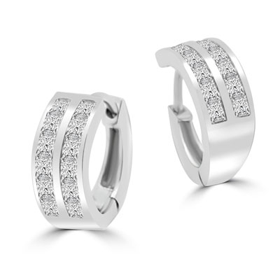 Platinum Plated Sterling Silver Huggies With Two Row Of Channel Set Princess Cut Diamond Essence Stone, 1.40 Cts.T.W.