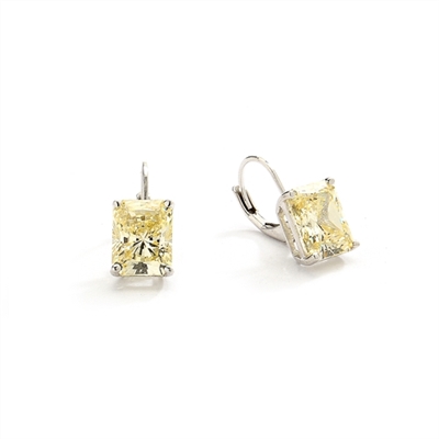 Lever Back With Emerald cut Canary Essence Stone in Platinum Plated Sterling Silver.