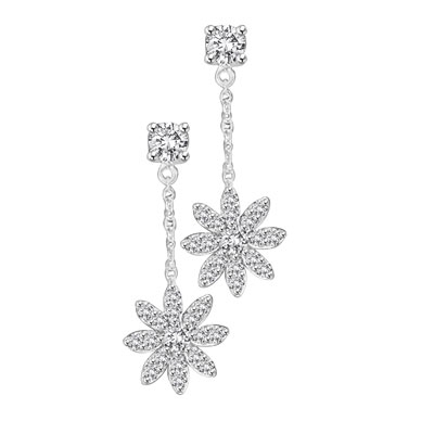 Platinum Plated Sterling Silver, 1-1/4" long dangling earring feature at each ear, a meltingly beautiful snowflake made up of delicate round cut Diamond Essence masterpieces drifting down from round brilliant cut stones at the top. 2.20 cts.t.w.