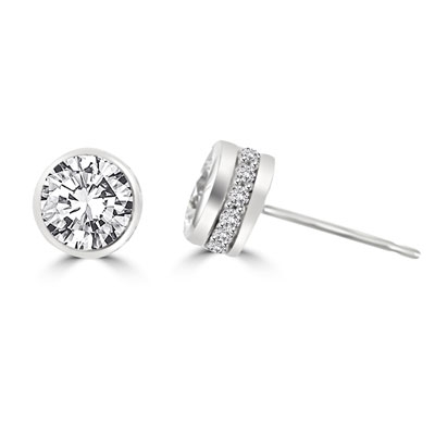 Traditional studs with a twist on the bezel set that shows small accents sideways too! Confess it...you always wanted this! 2.20 Cts. T.W. in Platinum Plated Sterling Silver.