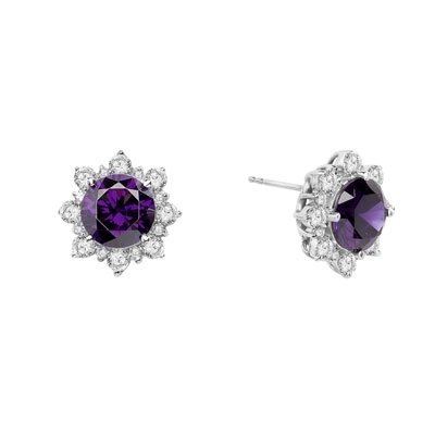 Designer Earrings with Round Amethyst Essence in center Surrounded by Round Brilliant Diamond Essence and Melee. 9.0 Cts. T.W. set in Platinum Plated Sterling Silver.