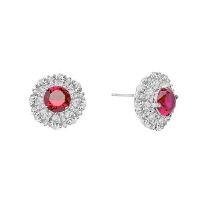 Diamond and Ruby Earring - Round Ruby Essence in Center surrounded by Pear Cut Diamond Essence and Melee. 5.5 Cts. T.W. set in Platinum Plated Sterling Silver.