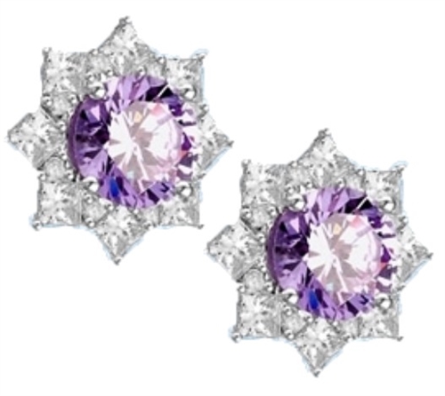 Floral Earrings with 3.5 Cts.  Round Lavender Essence in center surrounded by Princess cut Diamond Essence and Melee. 6.5 Cts. T.W. set in Platinum Plated Sterling Silver.