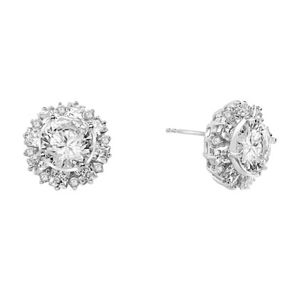 Designer Earrings With Round Brilliant Diamond essence in center surrounded by alternately set Princess and melee. 14.5 Cts T.W. set in Platinum Plated Sterling Silver.