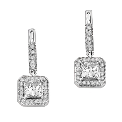 Designer Hoop Earrings with Princess  Diamond Essence centerpiece, surrounded by Round Brilliant Melee. 2.25 Cts. T.W. set in Platinum Plated sterling Silver.
