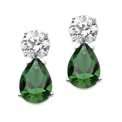 Prong Set Tear Drop Earrings with Artificial Pear Shape Emerald and Round Brilliant Diamonds by Diamond Essence set in Sterling Silver