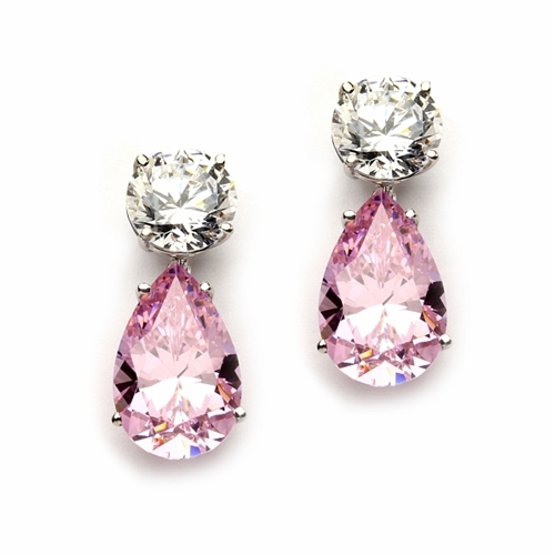 Best Selling Tear Drop Diamond Essence Earrings - White Brilliant Round Stone is 2 Ct and Pink Essence Pear Stone is 5 Ct. A Brilliant Sparkle of 14 Cts. T.W. for the pair of earrings! In Platinum Plated Sterling Silver.