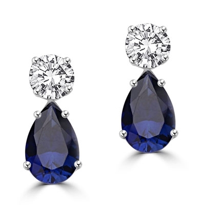 Diamond Essence Earrings, 5.0 Cts. each Pear cut Sapphire Essence dropping off from 2.0 Cts. each Round Diamond Essence Studs, 14.0 Cts. T.W. set in Platinum Plated Sterling Silver.