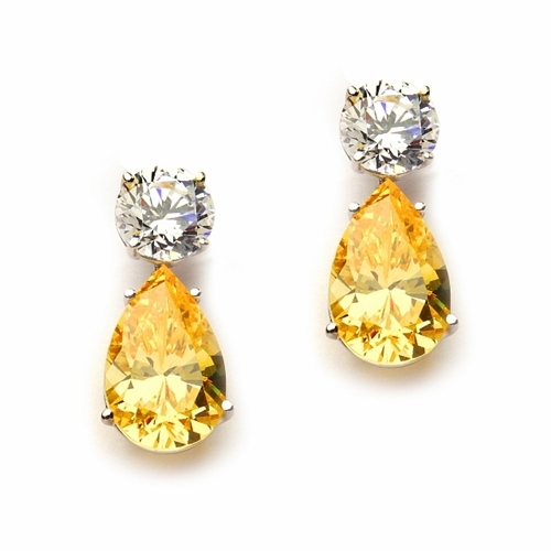 Best Selling Tear Drop Diamond Essence Earrings - White Brilliant Round Stone is 2 Ct and Canary Essence Pear Stone is 5 Ct. A Brilliant Sparkle of 14 Cts. T.W. for the pair of earrings! In Platinum Plated Sterling Silver.