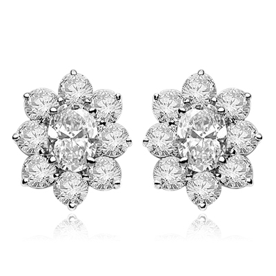 Flower Cluster - Each Earring with 1.0 Cts. Oval Center surrounded by Round Diamond Essence, 4.0 Cts. T.W. set in Platinum Plated Sterling Silver.