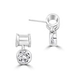 Unique Bezel set drop earring with 2 Cts. T.W. Round Diamond Essence, in 14k Platinum Plated Sterling Silver.