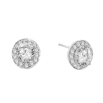 Mini marvelous pair of six-prong set designer earrings with 2.25 Cts. each simulated oval cut center Diamond with round brilliant melee by Diamond Essence set in platinum plated sterling silver. 5.50 Cts.t.w