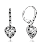 Diamond Essence leverback earrings, 1.0 Ct. each, Heart shape Diamond Essence surrounded by alternately set Onyx and Diamond Essence Melee, which flows on leverback also for additional sparkle. 4.0 Cts. T.W. set in Platinum Plated Sterling Silver.