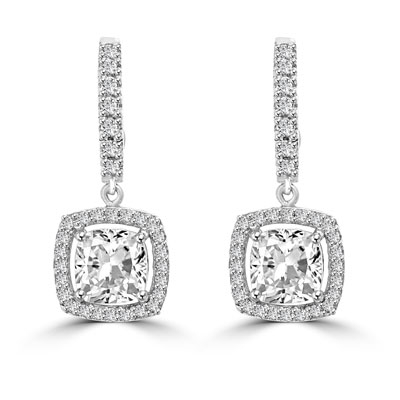 Diamond Essence Leverback Earrings with 1.0 ct. Cushion cut Round Brilliant Melee, 2.50 cts.t.w. in Platinum Plated Sterling Silver.