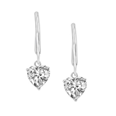 Prong Set Lever back Earring with Faux Heart Cut Brilliant Diamond by Diamond Essence set in Sterling Silver