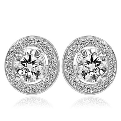 Round stone earrings - 1.25 Cts. each Round Brilliant Diamond Essence surrounded by circle of Diamond Essence Melee. 2.90 Cts. T.W. set in Platinum Plated Sterling Silver.