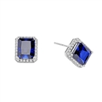Sapphire Earrings - 4.0 Cts. Emerald cut Sapphire Essence set in center with sparkling Melee around. 8.5 Cts. T.W. set in Platinum Plated Sterling Silver.
