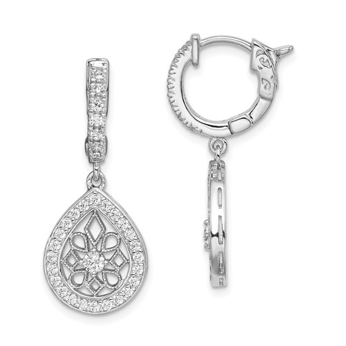 Beautiful drop earring, showing off 2.0 carat Diamond Essence Pear shape design, each surrounded by Diamond Essence melee. 2.0 cts.t.w. set in Platinum Plated Sterling Silver.