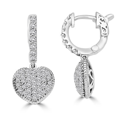 Diamond Essence Hinged Heart Hoop Heart Dangle Earrings, with pave setting melee in Platinum Plated Sterling Silver, 2.5 cts.t.w.