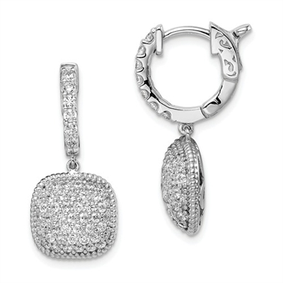 Pave Set Hinged Hoop Square Dangle Earrings with Artificial Round Brilliant Melee Diamonds by Diamond Essence set in Sterling Silver
