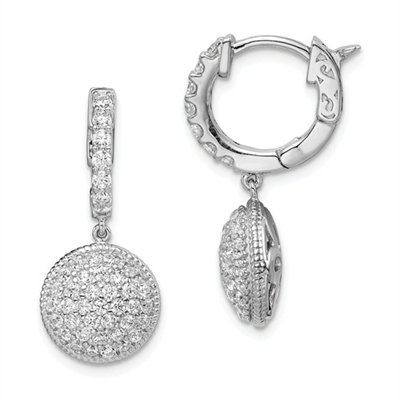 Pave Set Hinged Hoop Dangle Earrings with Artificial Round Brilliant Melee Diamonds by Diamond Essence set in Sterling Silver