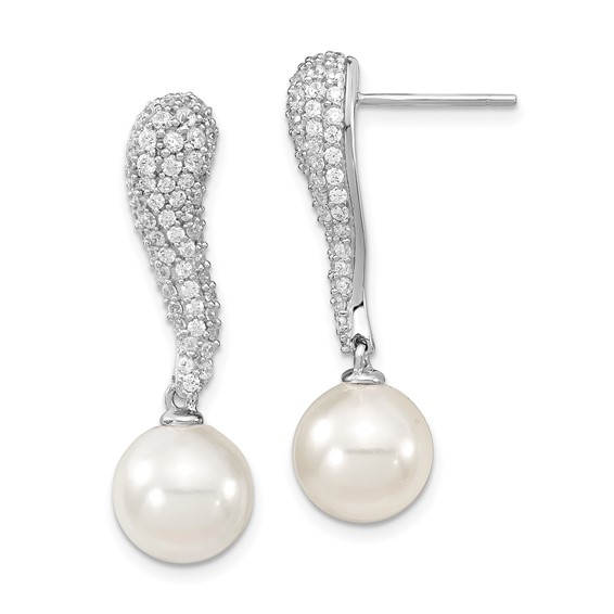 The prong set S majestic designer dangle earring for women with 10 mm synthetic pearl drop and simulated round brilliant melee by Diamond Essence set in platinum plated sterling silver.