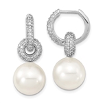 The prong set designer dangle earring for women with 12-13 mm synthetic pearl drop and simulated round brilliant melee by Diamond Essence set in platinum plated sterling silver.