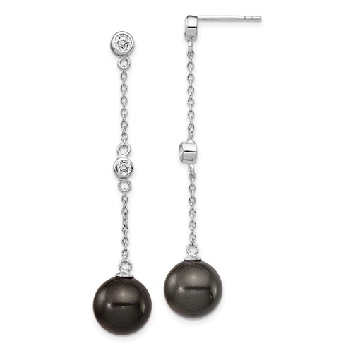 Diamond Essence Designer Earring with round brilliant melee and 10-11 mm black Pearl. Perfect for all occasions, 0.4 Cts. T.W. in Platinum Plated Sterling Silver.