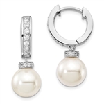 The stunning prong set designer earring with hoop for women with 10 mm synthetic pearl drop and simulated round brilliant melee by Diamond Essence set in platinum plated sterling silver. 3.4 Cts.t.w.