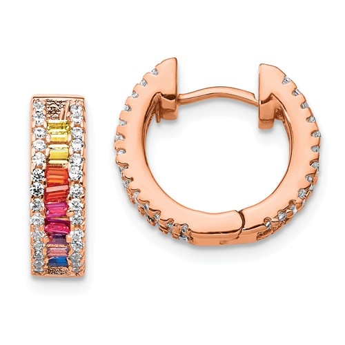Diamond Essence Multi Color Baguette Hoop Earring, with Baguettes and Melee in prong setting of Rose Plated Sterling Silver. 5.0 Cts.T.W.
Length 14 mm.