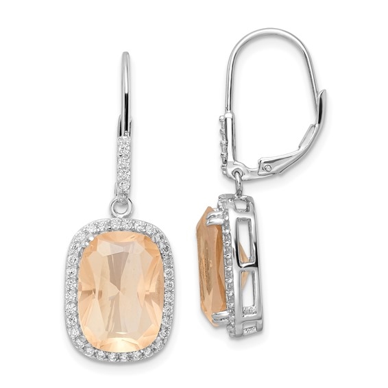 Diamond Essence Drop Lever Back Earrings With Cushion Cut Morganite Escorted By Melee And Melee On The Bail Enhance the Beauty, 6.5 Cts.T.W. In platinum Plating Over Sterling Silver.
