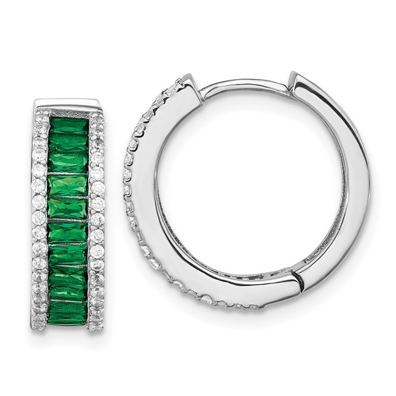 Diamond Essence 26 Emerald Color Baguette Hoop Earring and 80 Melee in prong setting Sterling Silver. 5.0 Cts.T.W.
Length 18 mm.