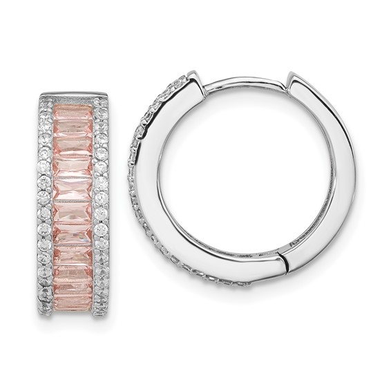 Diamond Essence 26 Morganite Color Baguette Hoop Earring and 80 Melee in prong setting Sterling Silver. 5.0 Cts.T.W.
Length 18 mm.