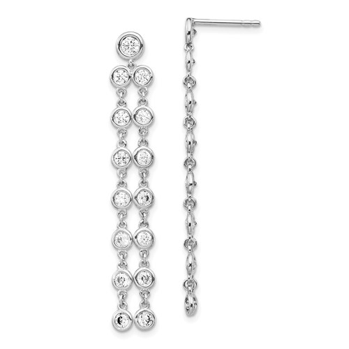 The classic and timeless bezel set dangle drop earrings for women with artificial round brilliant diamonds by Diamond Essence set in platinum plated sterling silver. 1.60 Cts.t.w.