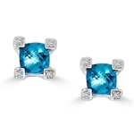 Designer Stud Earrings with 0.75 Ct. each, Cushion Cut Blue Topaz in Melee set four prongs, 1.58 Cts.T.W. in Platinum Plated Sterling Silver.