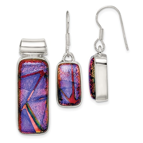 Sterling Silver Multicolor Dichroic Glass Earrings & Pendant Set