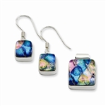 Sterling Silver Pink & Blue Dichroic Glass Square Earrings & Pendant Set