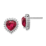 Platinum Plated Sterling Silver Diamond Essence Earrings With Ruby Essence Heart In Center Surrounded By Round Brilliant Melee.