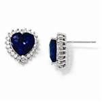 Platinum Plated Sterling Silver Diamond Essence Earrings With Sapphire Essence Heart In Center Surrounded By Round Brilliant Melee.