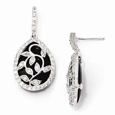 Diamond Essence Leaf Vine Designer Drop Earrings With Pear Cut Onyx Essence Center Surrounded By Round Brilliant Melee In Platinum Plated Sterling Silver.