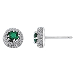 Earrings with 0.25 Ct. Round Cut Emerald Essence in center, surrounded by two rows of Diamond Essence Melee. 1.0 Cts. T.W. set in Platinum Plated Sterling Silver.
