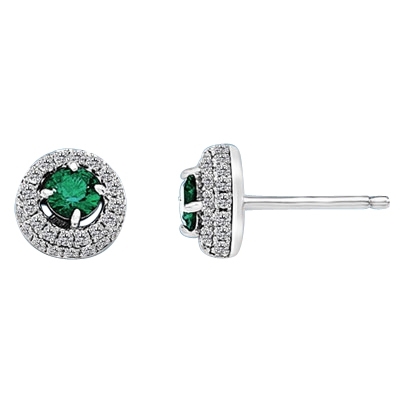 Earrings with 0.25 Ct. Round Cut Emerald Essence in center, surrounded by two rows of Diamond Essence Melee. 1.0 Cts. T.W. set in Platinum Plated Sterling Silver.